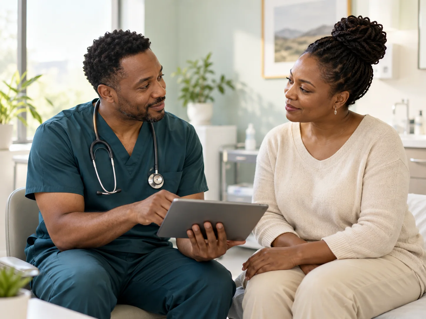 Illustrative doctor and patient discussing care at a clinic