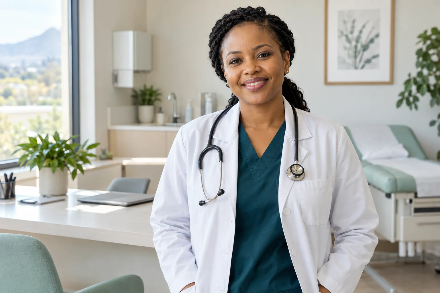Illustrative portrait of a doctor in a bright South African consultation room