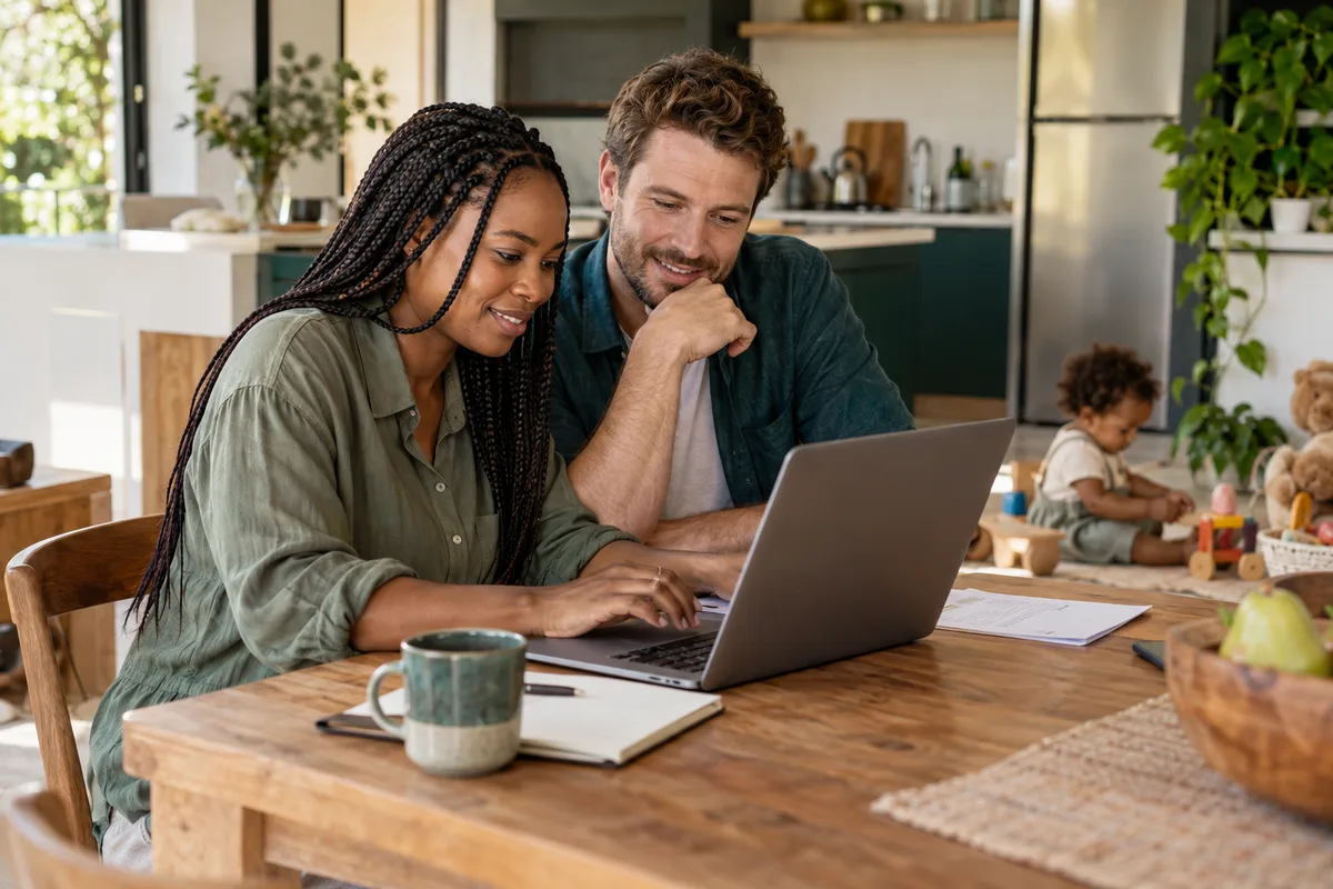 A couple setting up a healthcare account together at their kitchen table