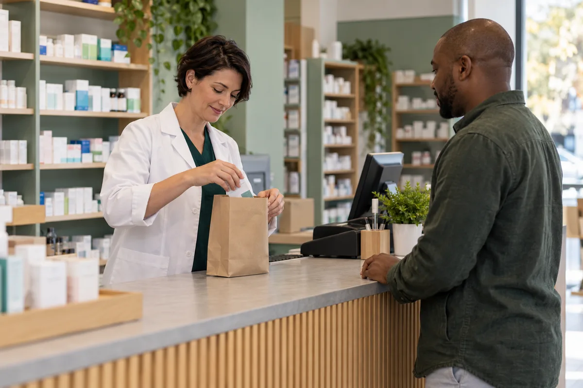 A pharmacist preparing a collection bag at a pharmacy counter